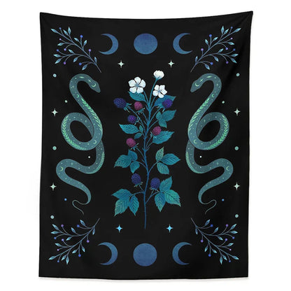 Decobites Moon Phase Wall Hanging Tapestry in Olive Leaf Green & Black - Boho Room Decor