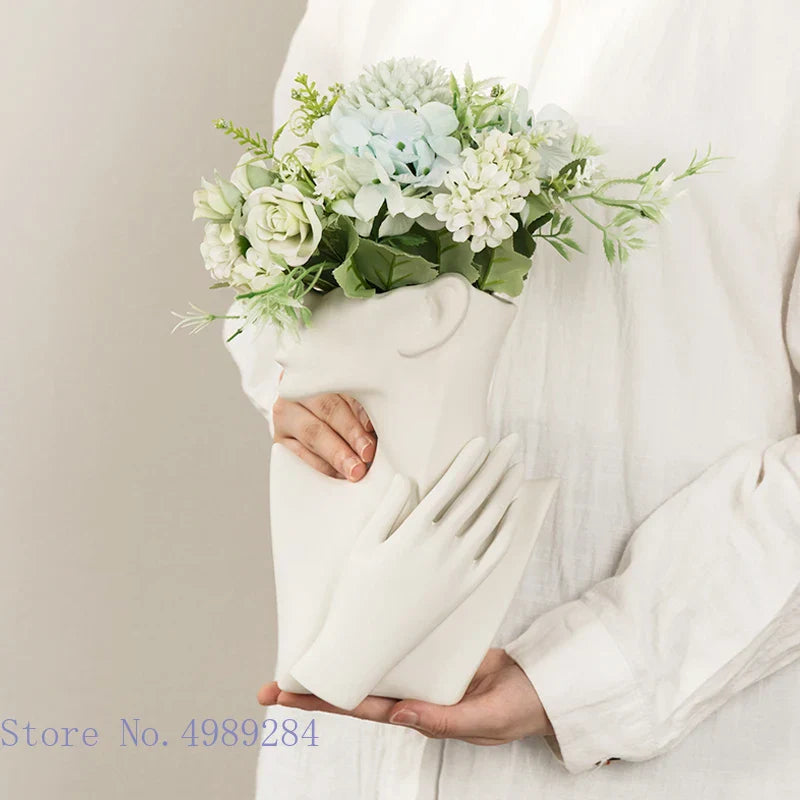 ديكوربايتس™ مزهرية خزفية تجريدية نصف وجه، زخرفة بورتريه، حرفة يدوية فنية