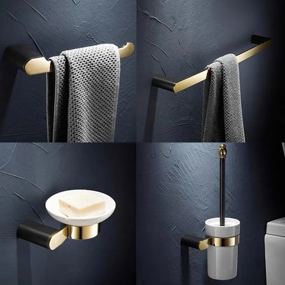 DecorBites™ Gold & Black Bathroom Set - Shelf, Towel Rack, Holder, Brush Holder & More