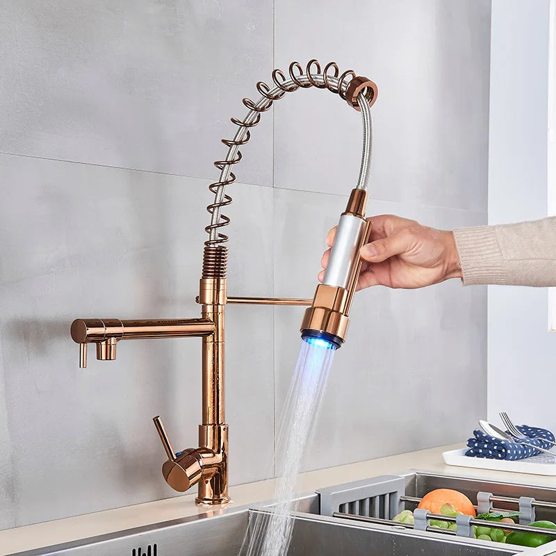 DecorBites™ LED Kitchen Faucet Pull Down Mixer Tap Hot Cold Water Vessel Sink Brass