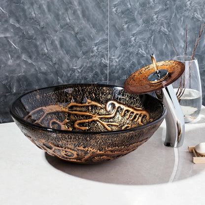 DecorBites™ Brown Hand-Paint Glass Wash Basin Set with Gold Chrome Waterfall Faucet