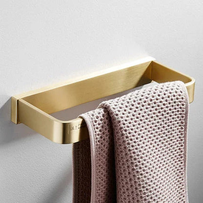 DecorBites™ Brushed Gold Bathroom Hardware Set: Towel Rack, Corner Shelf, Paper Holder, Hook, Toilet Brush Holder