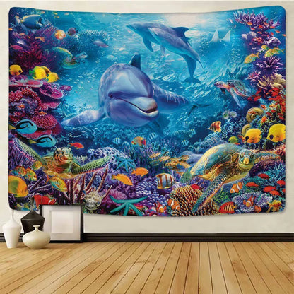 Decobites Rainbow Sea Turtle Dolphin Tapestry Wall Hanging Yoga Mat Beach Towel