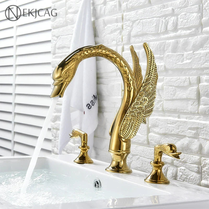 DecorBites™ Golden Swan Basin Faucet Double Handle Hot Cold Mixer Tap for Bathroom
