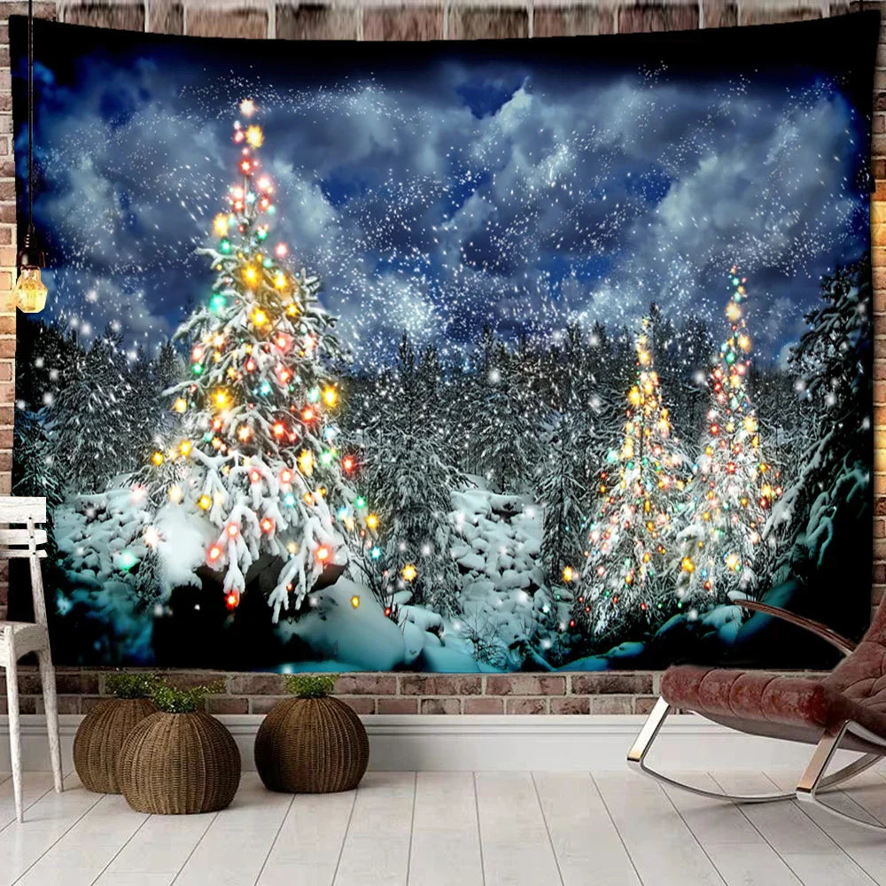 Decobites Christmas Woods Snow Scene Tapestry Wall Hanging - Elk Bohemian Style Bed Curtain Home Decor