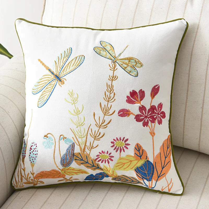 DecorBites™ Butterfly Floral Cotton Embroidered Pillow Cover 45x45cm Home Decor Square