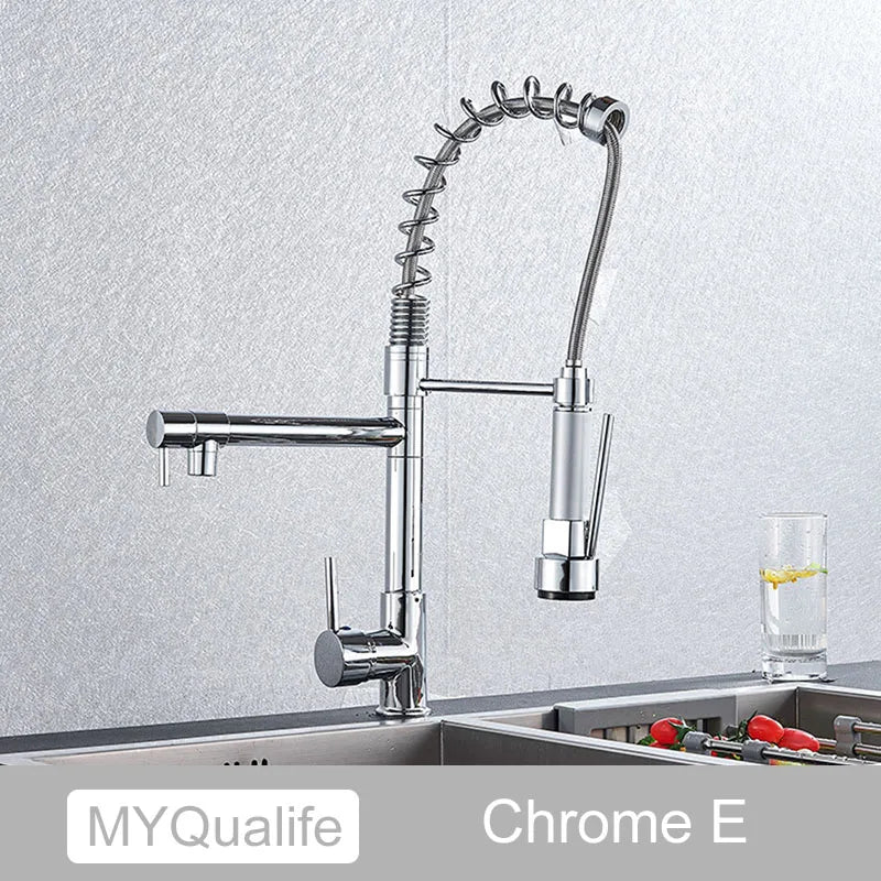 DecorBites™ Dual Spout Kitchen Sink Faucet - Matte Black Finish, Deck Mount Spring Mixer