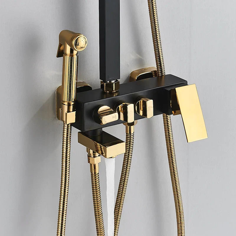 مجموعة حنفية دش DecorBites™ باللون الأسود الذهبي مع وظيفة بيديه، وخلاط مياه الأمطار مثبت على الحائط