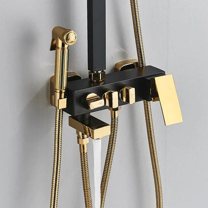 مجموعة حنفية دش DecorBites™ باللون الأسود الذهبي مع وظيفة بيديه، وخلاط مياه الأمطار مثبت على الحائط