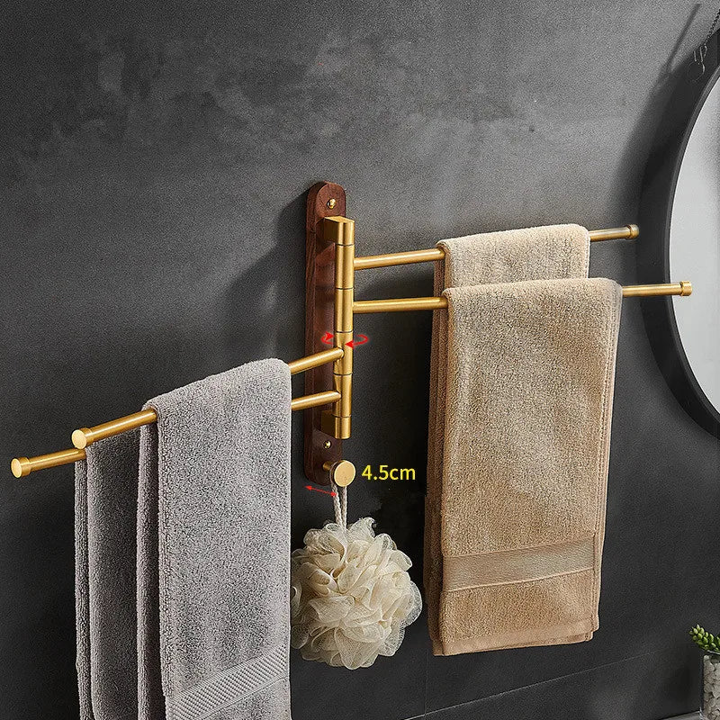 DecorBites™ Brushed Gold Wood Swivel Towel Hanger Wall Mounted Folding Bathroom Towel Bar