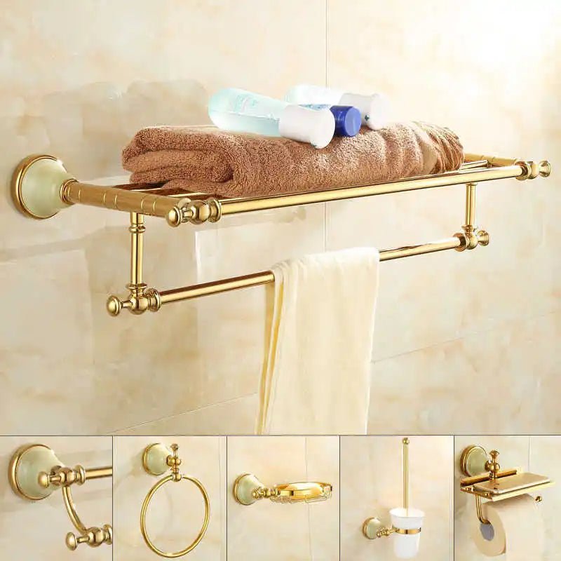 Conjunto de Accesorios para Baño Decorbites™ Gold: Estante, Perchero para Toallas, Soporte, Soporte para Cepillo, Herrajes para Baño