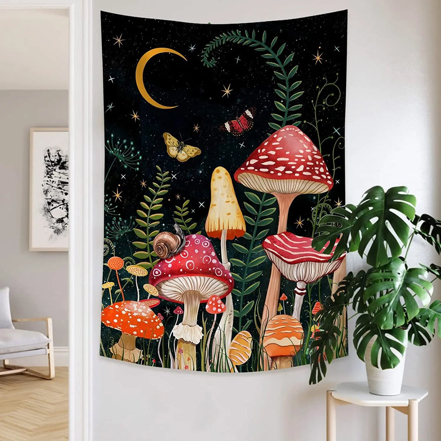 Decobites Mushroom Moon Star Tapestry Floral Wall Hanging for Boho Bedroom Decor