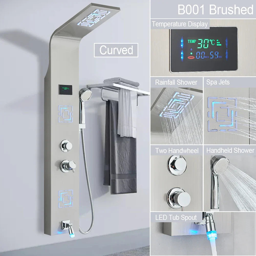 Sistema de grifería para ducha con luz LED DecorBites™: chorros de lluvia, chorros de masaje, panel de cascada con control de temperatura