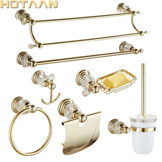 DecorBites™ Gold Crystal Bathroom Accessories Set: Luxe Brass Bath Hardware Wall Mount Collection