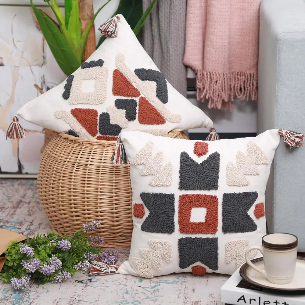 DecorBites™ Boho Style Embroidered Pillow Cover with Tassels for Living Room & Bedroom