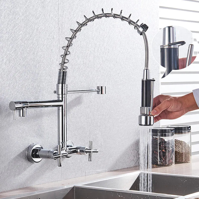 DecorBites™ Gold Black Kitchen Faucet Wall Mount Pull Down Tap Dual Swivel Spouts