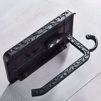 حامل ورق تواليت أسود مع رف للهاتف من DecorBites™: وحدة تخزين حائطية من الألومنيوم للحمام