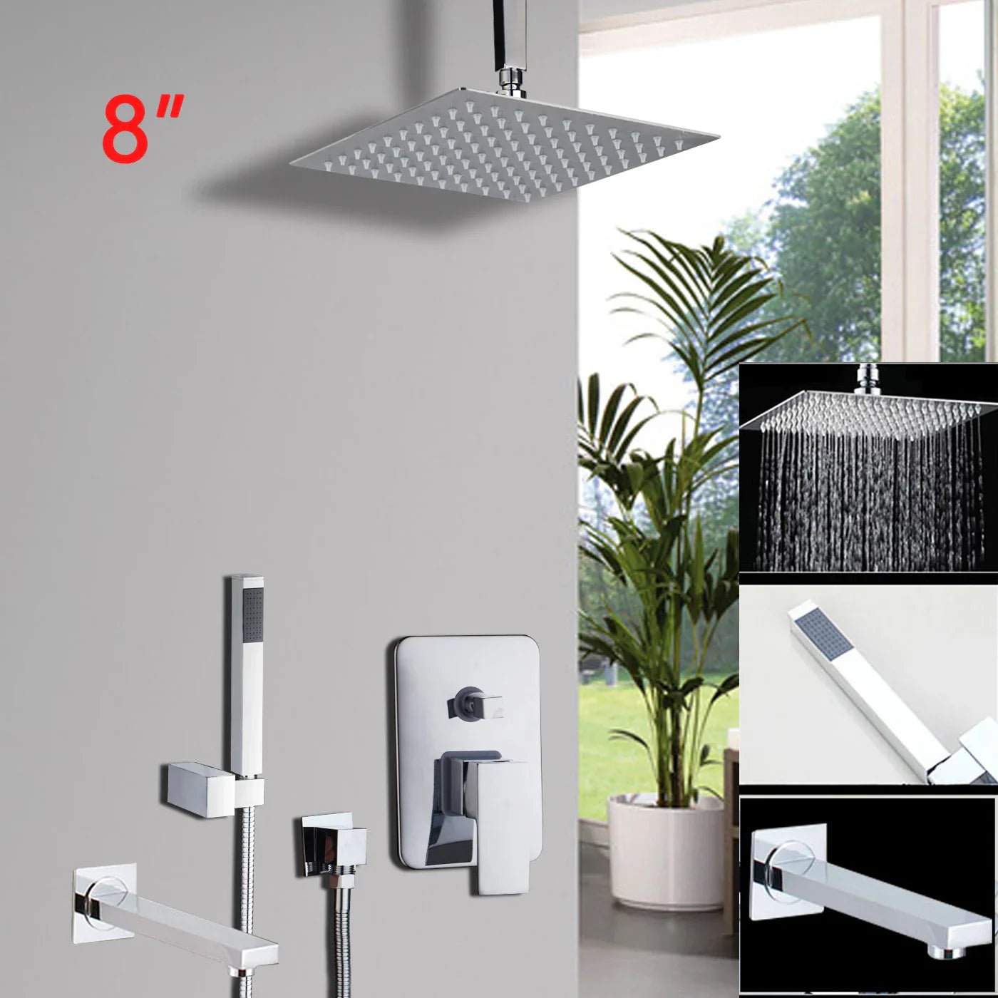 DecorBites™ 8/16 Inch Chrome Shower Set with Rainfall Head, Ceiling Mount Mixer, Brass Faucet