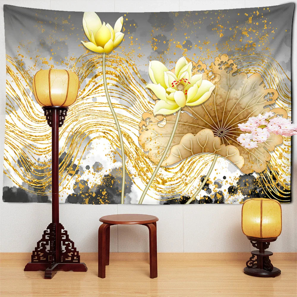 Decobites Peach Blossom Birdcage Lotus Tapestry Wall Hanging