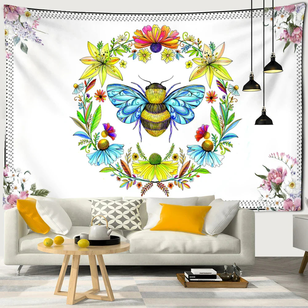 Decobites Plants Honeybee Wall Hanging Tapestry, Bohemian Beach Mat, Yoga Mat, Bedroom Art Decor