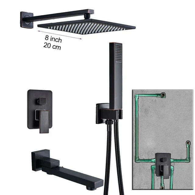 Grifo de ducha DecorBites™ de latón negro con mezclador de 2 vías, teleducha y rociador tipo lluvia