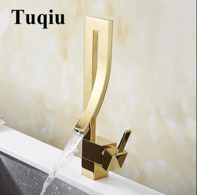 DecorBites™ Gold Brass Square Basin Faucet Single Handle Hot Cold Mixer Water Tap