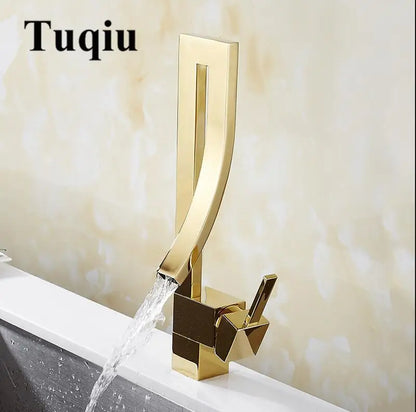 DecorBites™ Gold Brass Square Basin Faucet Single Handle Hot Cold Mixer Water Tap