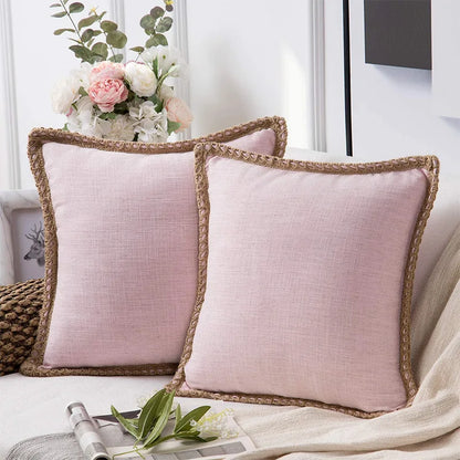 DecorBites™ Hemp Rope Edging Lotus Leaf Hug Pillowcase - Medium Cotton Linen Cushion Cover