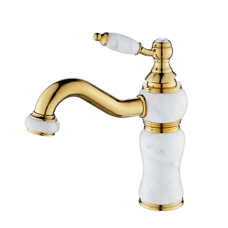 DecorBites™ Gold Brass and Marble Bathroom Basin Faucet Cold Hot Water Mixer Sink Tap