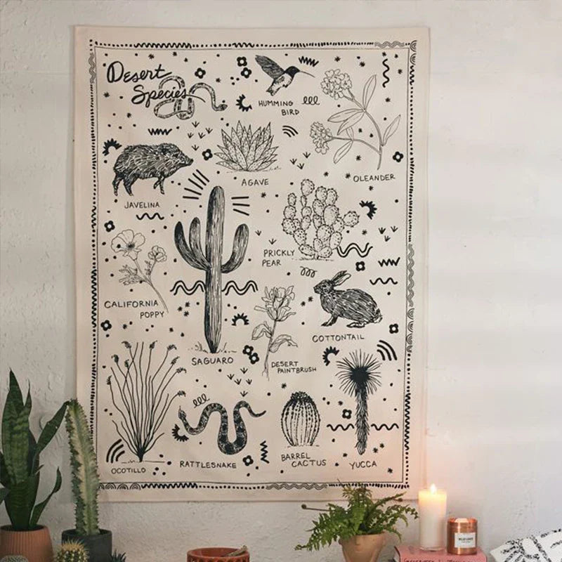 DecorBites™ Desert Species Botanical Floral Wall Hanging Tapestry Diagram Illustration