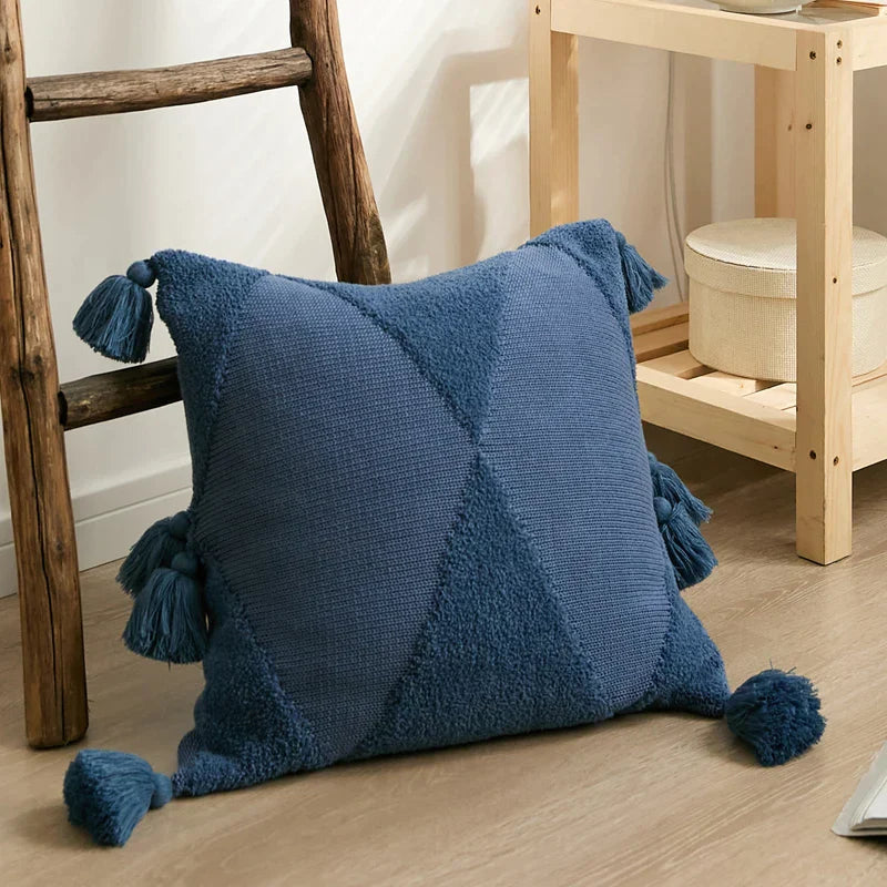 DecorBites™ Knitted Tassel Cushion Cover Blue Mustard Yellow Ivory 45cm*45cm Sok Case