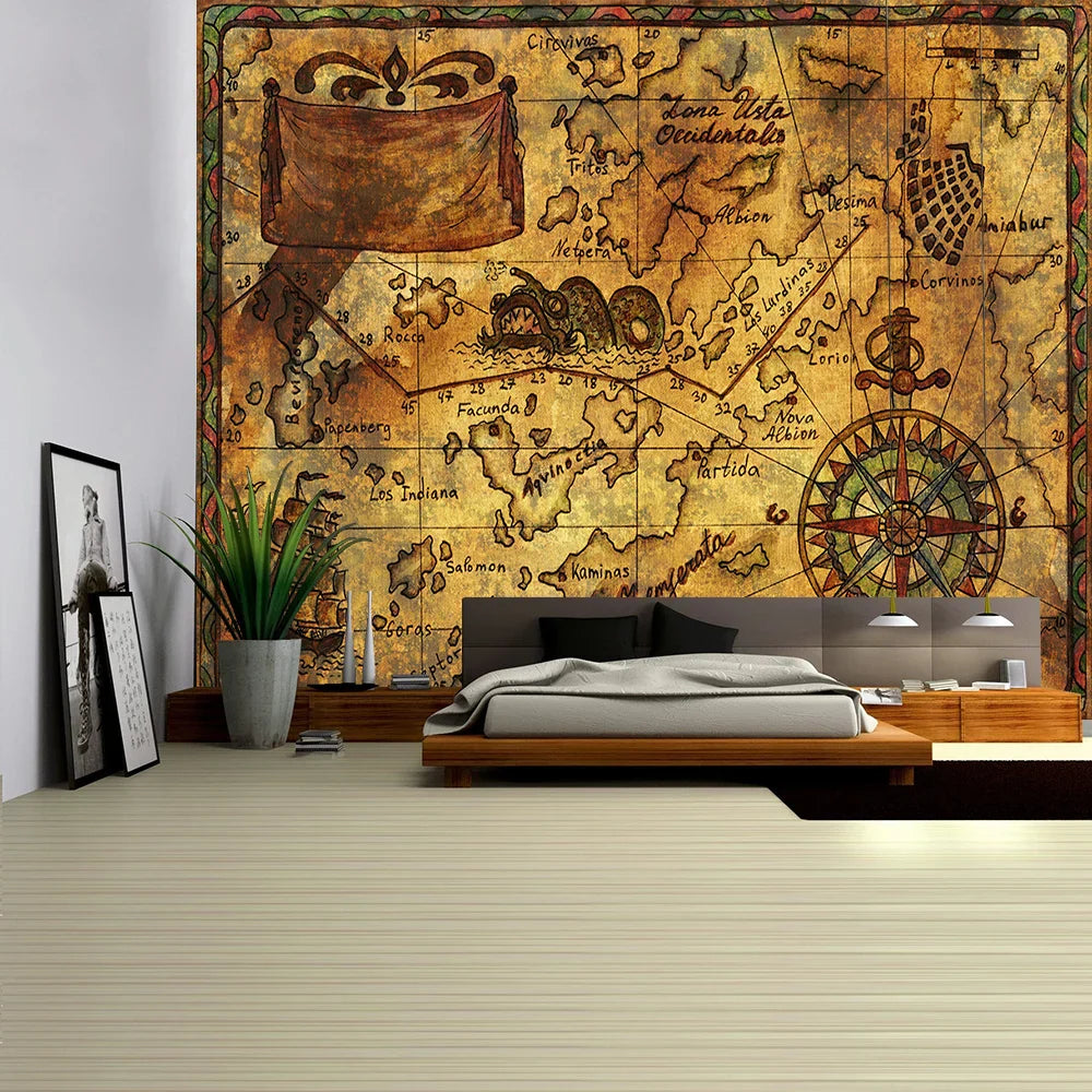 Decobites Nautical Chart Tapestry Pirate Treasure Map Wall Hanging Watercolor Table Cover