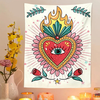 Psychedelic Floral Heart Tapestry Vintage Wall Blanket Boho Decor for Decobites