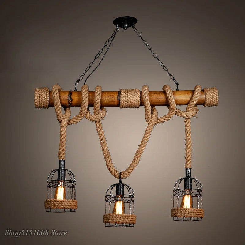DecorBites™ Bamboo Hemp Rope Pendant Light - Hand Knitted Iron Cage Luminaria