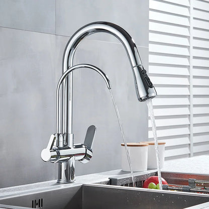 Decorbites™ Messing Küchen-Wasserfilterarmatur mit doppelter Auslauf, 360° drehbar, Trinkwasserfilter-Mischer