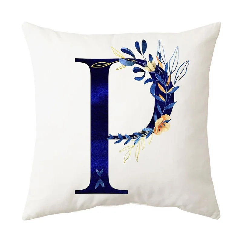 غطاء وسادة DecorBites™ أزرق مزين بحروف أبجدية وزهور لديكور المنزل