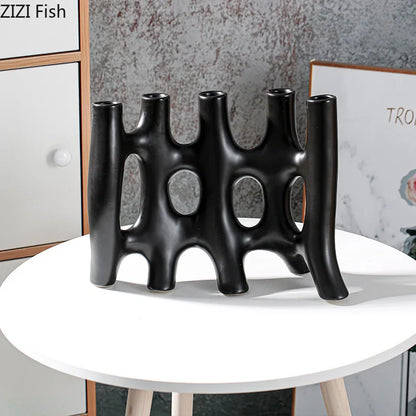 DecorBites™ Ceramic Vase with Artificial Flowers | Modern Abstract Floral Living Room Decor