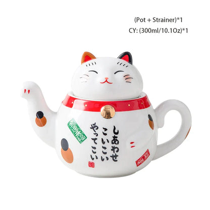 DecorBites™ Lucky Cat Porcelain Tea Set: Maneki Neko Tea Cup Pot, Strainer, Plutus Cat Teapot Mug