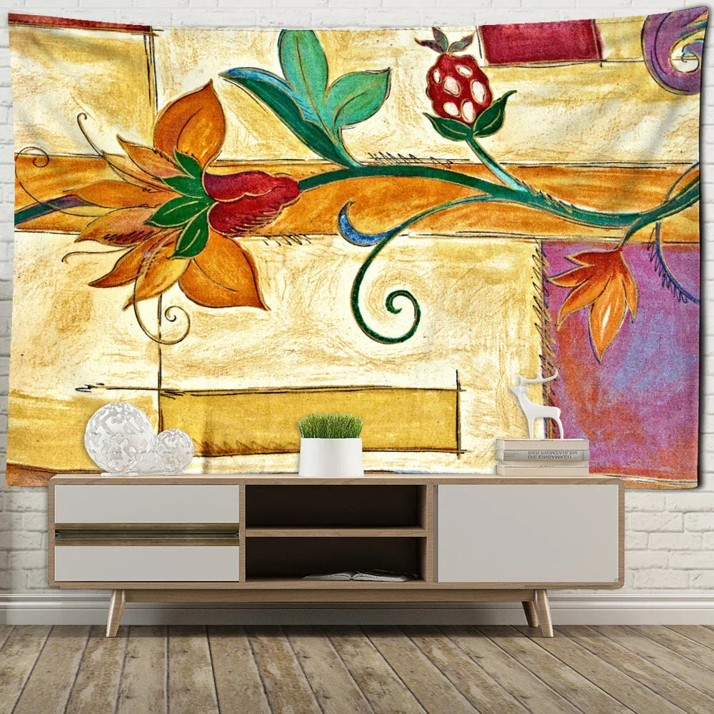 Yellow Flowers Ink Tapestry Wall Mount Bohemian Style by Decobites - Mandala Witchcraft Decor