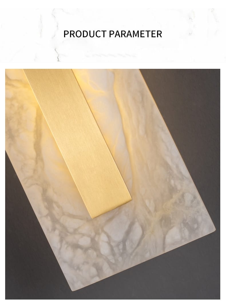 postmodern gold-toned rectangular wall lamp with copper marble wall panel featuring a sleek minimalist design for living room use