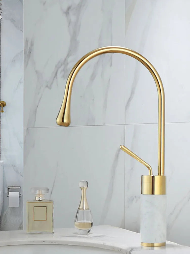 DecorBites™ Gold & Marble Basin Faucet: Single Handle Swivel Sink Water Crane