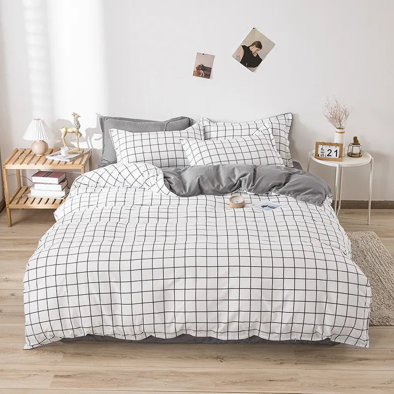 Decobites Line Block Print Bedding Set, Duvet Cover with Sheet Pillowcases, Single Double Bed