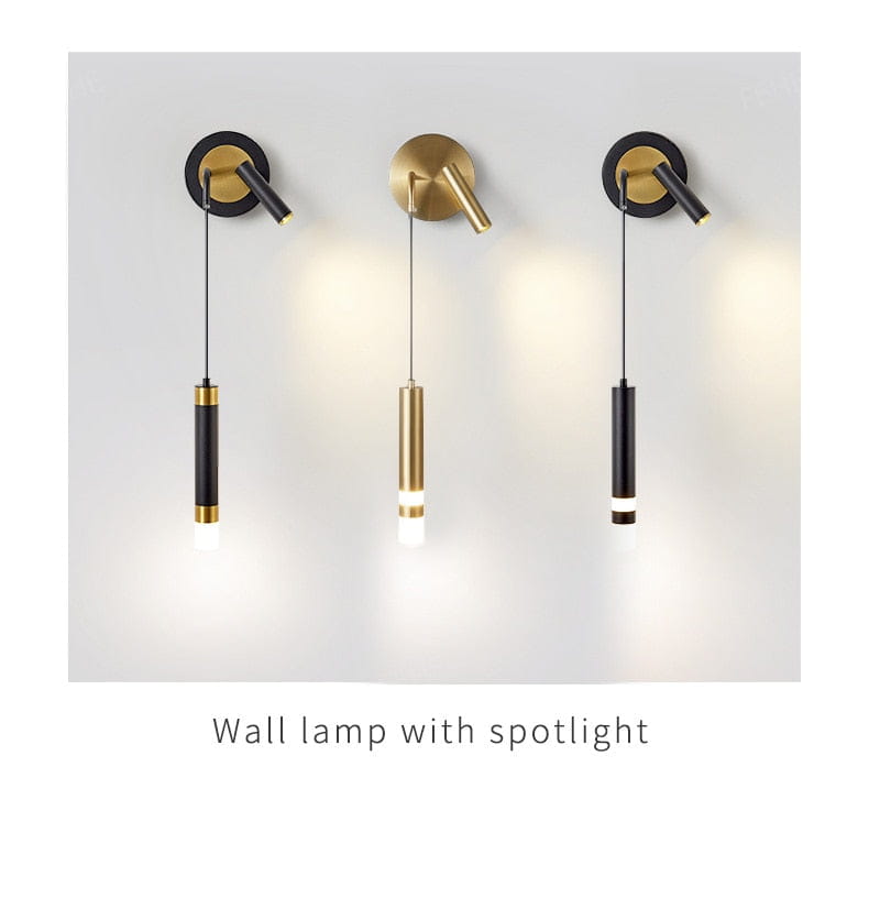 Minimalist creative luxury bedside wall lamps with spotlights featuring sleek cylindrical bodies in black and gold finishes for a luxury bedroom bedside setting.
