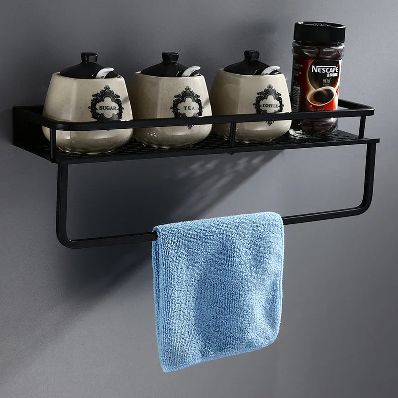 DecorBites™ Black Aluminum Bathroom Shelf with Towel Bar Wall Mounted - Bath Shower Shampoo Holder