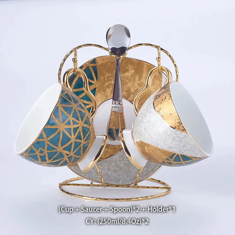 DecorBites™ Luxe Gold Inlay Bone China Coffee Set: Teapot, Cup, Sugar Bowl, Creamer, Mug