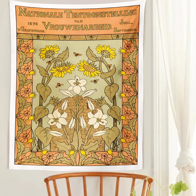 Decobites Vintage Flower Bee Print Botanical Tapestry Wall Hanging Reference Chart Art