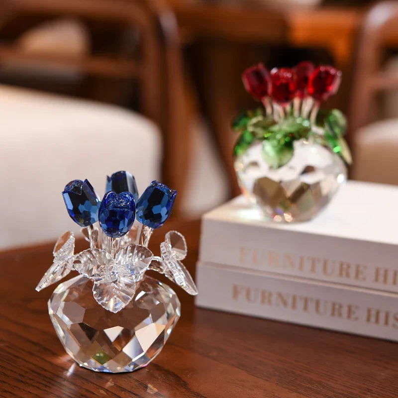 DecorBites™ Crystal Rose Flower Dreams Glass Paperweight Bouquet Sculpture
