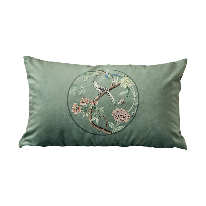 DecorBites™ Chinoiserie Courtyard Bird & Flowers Print Lumbar Pillow Case - Eastern Home Decor