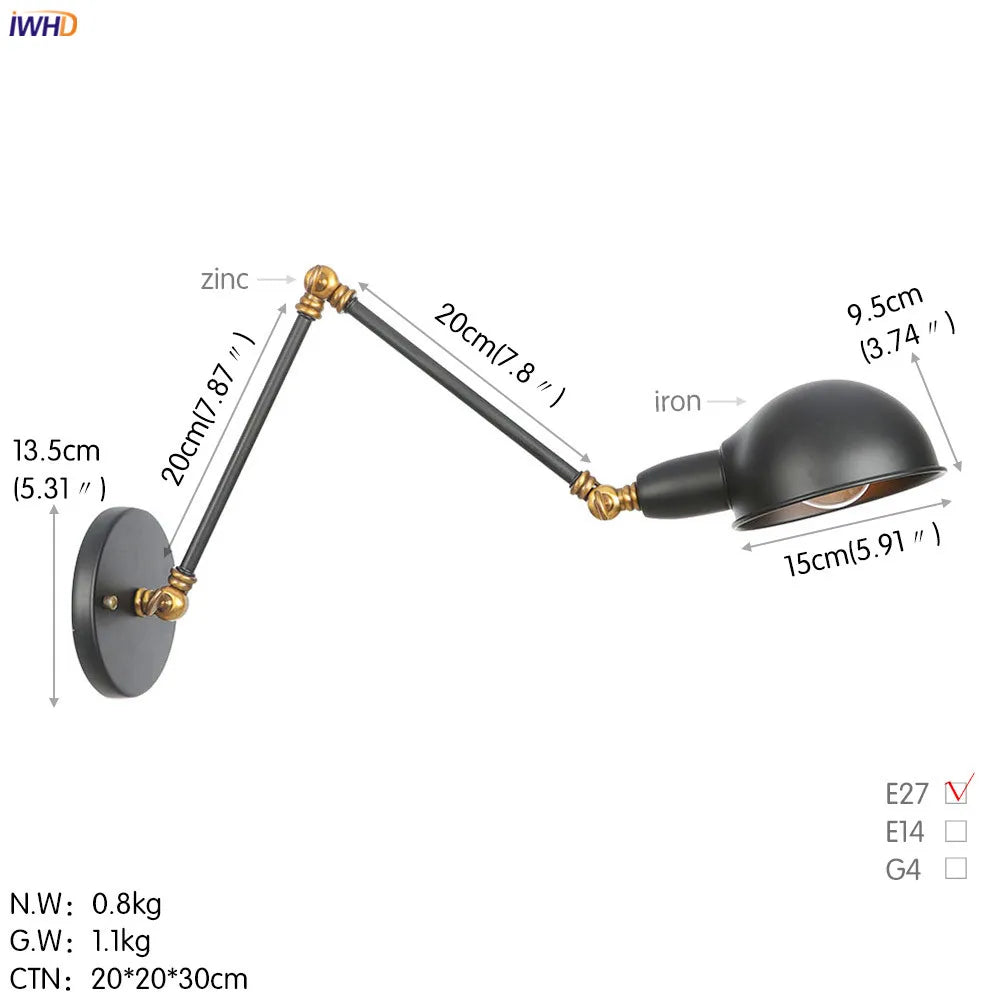 DecorBites™ Loft Antique Edison Wall Sconce Swing Arm Wall Light - 3 Heads Black