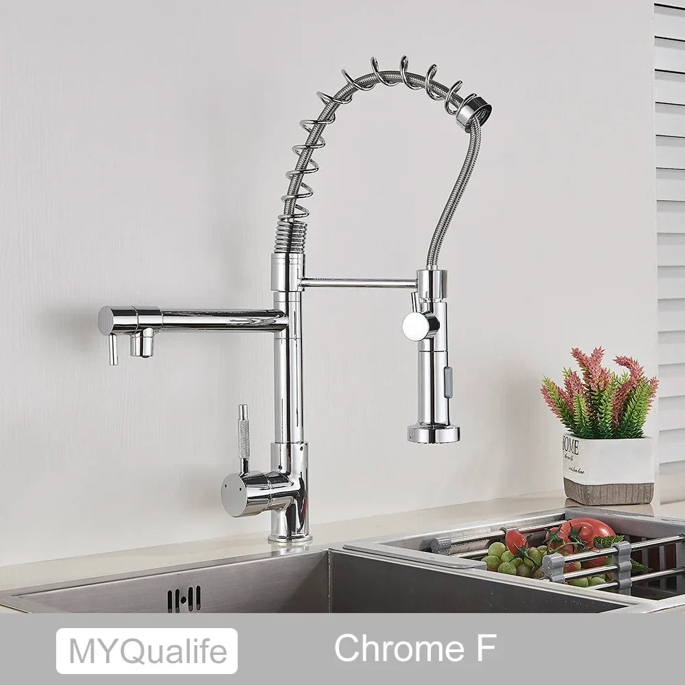 DecorBites™ Dual Spout Kitchen Sink Faucet - Matte Black Finish, Deck Mount Spring Mixer